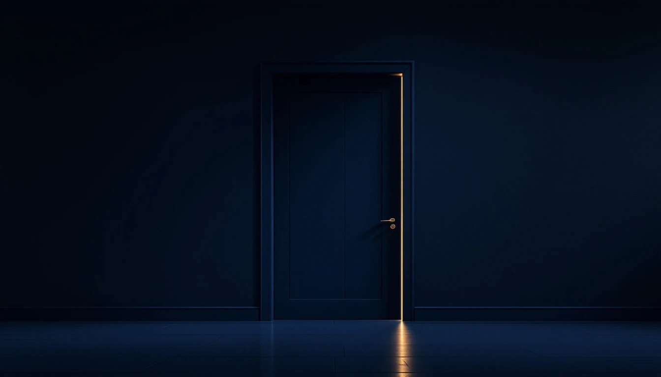 Puerta de madera cerrada bajo un haz de luz dorada en una sala vacía — el momento después del cierre, sin testigos