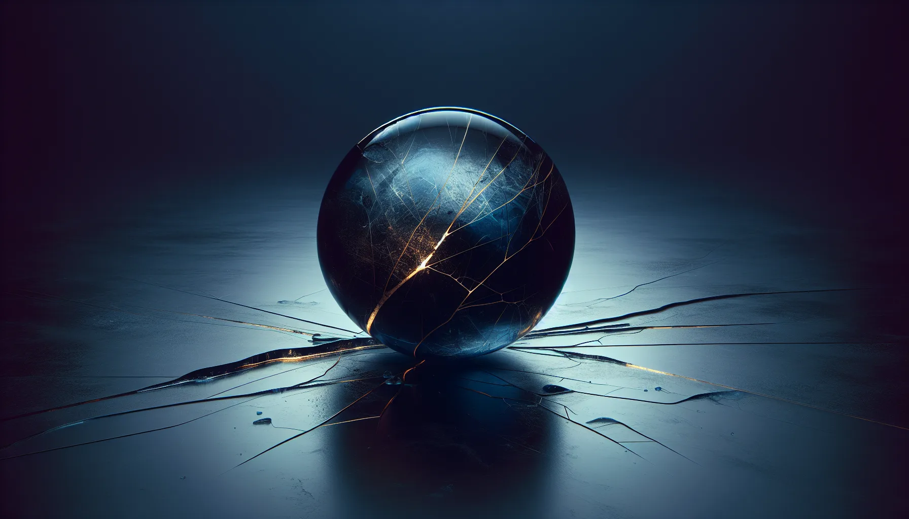 Esfera de cristal fracturada sobre superficie oscura — contaminación que se propaga