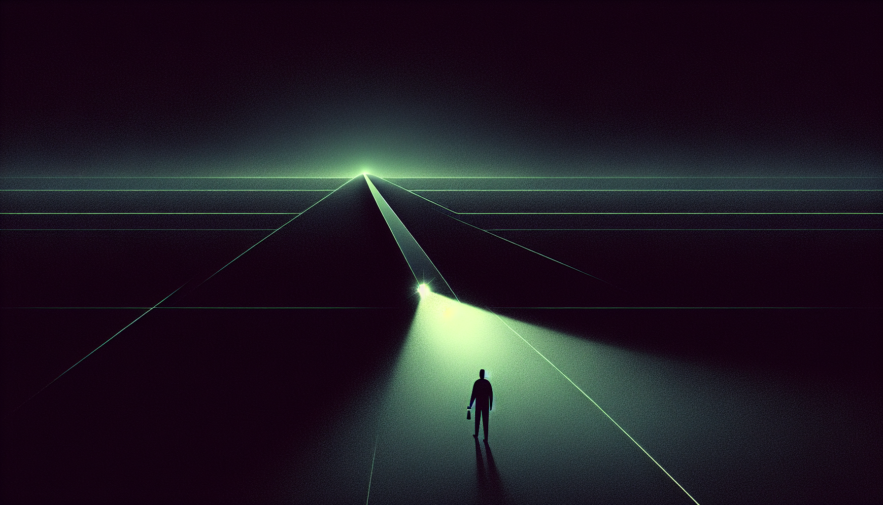 Figura solitaria en un puente sobre la oscuridad con linterna tenue — liderar sin certeza