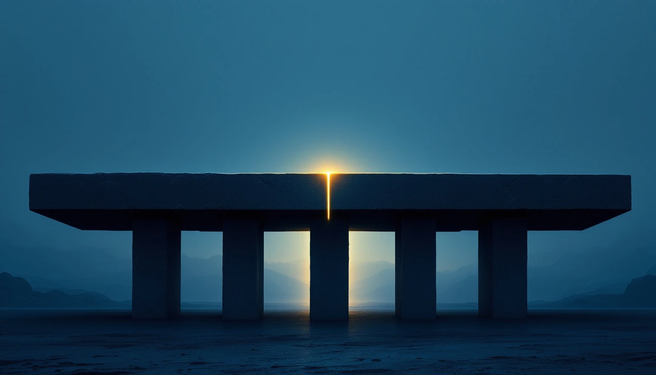 Una losa de piedra sostenida por varias columnas, con una veta de luz cálida marcando la única sobre la que se concentra todo el peso