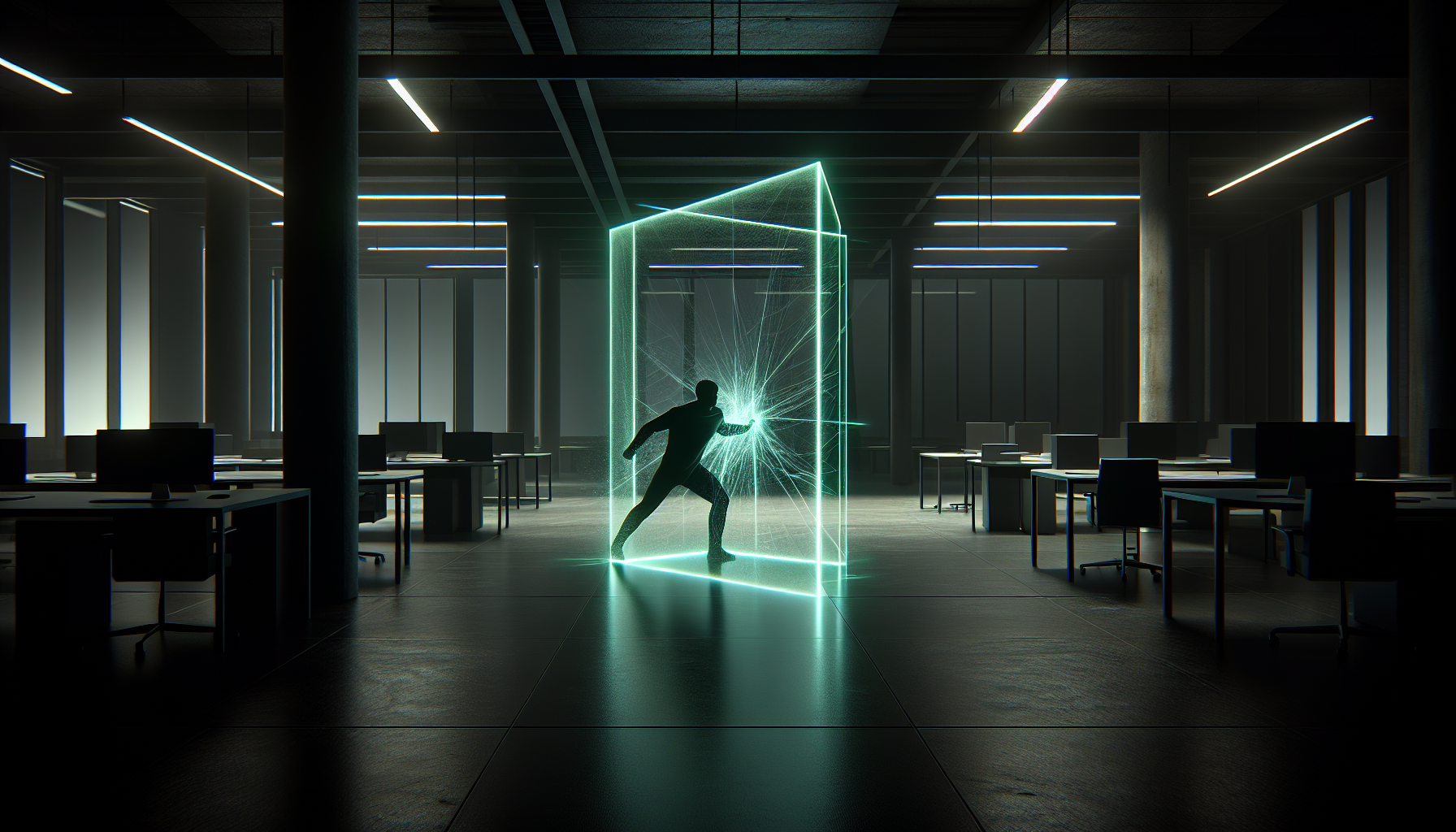 Figura empujando contra una pared invisible en oficina oscura — resistencia pasiva